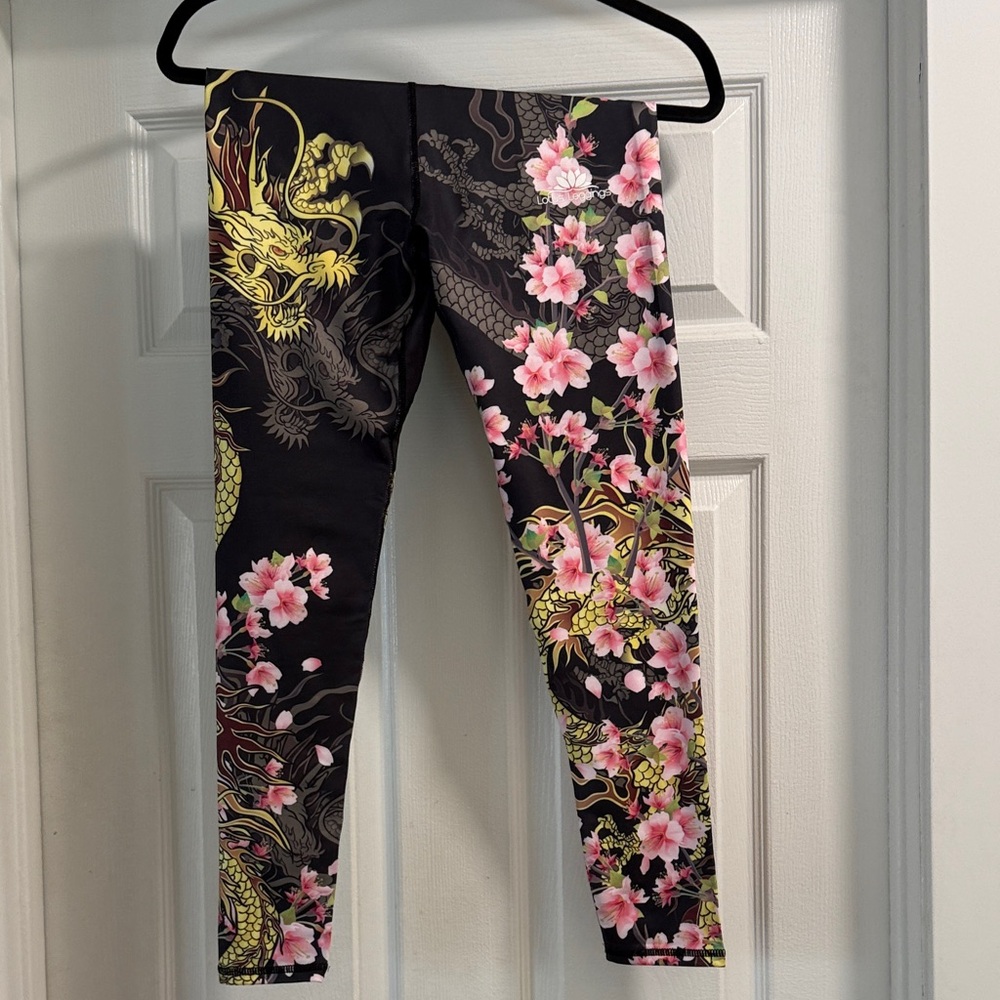 Lotus Leggings Black with Pink Floral and Yellow Dragon Design